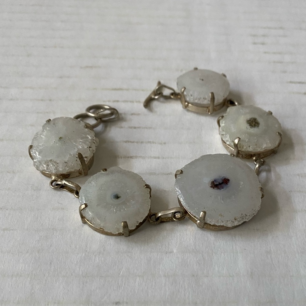 Chalcedony Agate and Silver Bracelet Chunky Stone Crystal